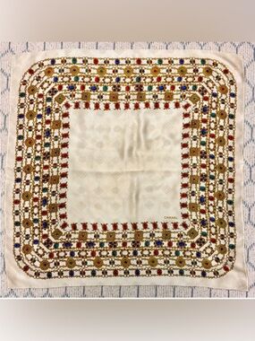 CHANEL Vintage Rare Art Deco 100% Silk Scarf Jewel Chain Print Gold Red Blue